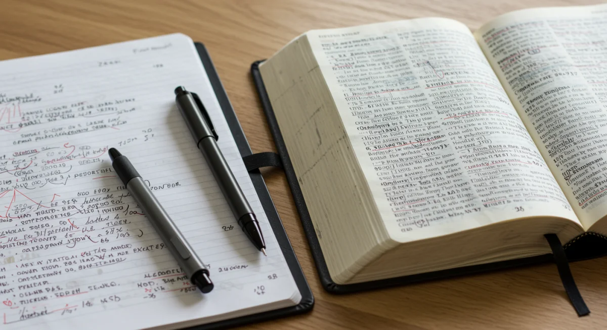 Annotated study Bible with notebook and pen for deep dive